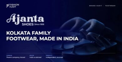 Ajanta brand audit by FashionAudit: Ajanta logo and the headline “Kolkata Family Footwear, Made in India” over a pair of everyday rubber sandals and comfortable slippers on a tiled floor