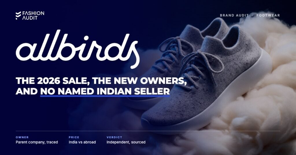 Allbirds brand audit by FashionAudit: Allbirds logo and the headline “The 2026 Sale, the New Owners, and No Named Indian Seller” over a pair of grey knit sneakers resting on white fleece