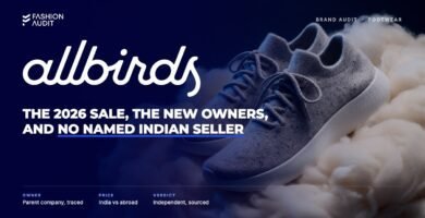 Allbirds brand audit by FashionAudit: Allbirds logo and the headline “The 2026 Sale, the New Owners, and No Named Indian Seller” over a pair of grey knit sneakers resting on white fleece