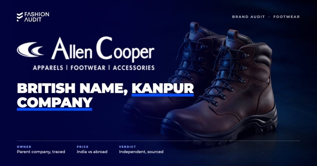Allen Cooper brand audit by FashionAudit: Allen Cooper logo over a pair of rugged leather safety boots and work shoes on a factory floor