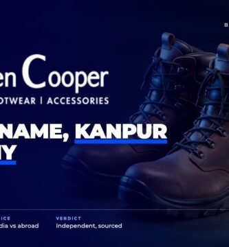 Allen Cooper brand audit by FashionAudit: Allen Cooper logo over a pair of rugged leather safety boots and work shoes on a factory floor