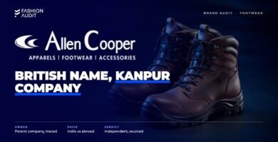 Allen Cooper brand audit by FashionAudit: Allen Cooper logo over a pair of rugged leather safety boots and work shoes on a factory floor