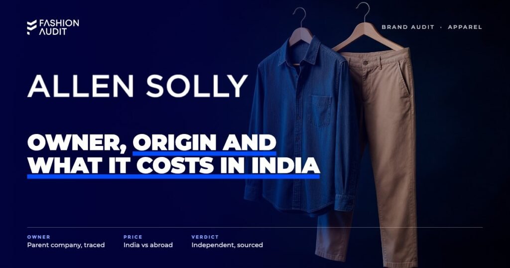 Allen Solly brand audit by FashionAudit: Allen Solly logo over a smart casual friday look with a chambray shirt and chinos on a hanger