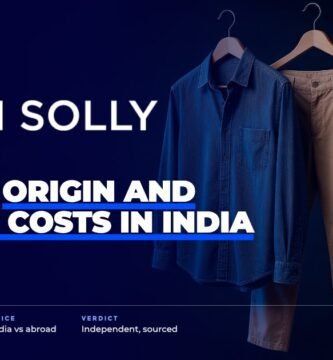 Allen Solly brand audit by FashionAudit: Allen Solly logo over a smart casual friday look with a chambray shirt and chinos on a hanger