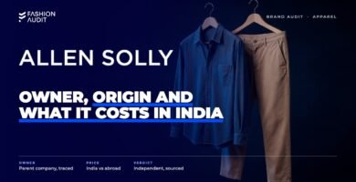 Allen Solly brand audit by FashionAudit: Allen Solly logo over a smart casual friday look with a chambray shirt and chinos on a hanger
