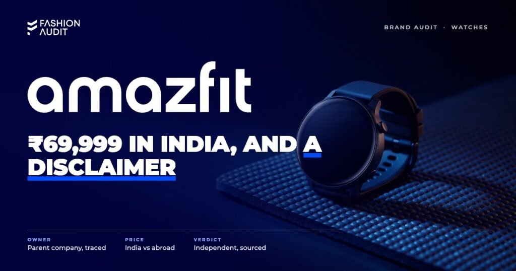 Amazfit brand audit by FashionAudit: Amazfit logo over a round fitness smartwatch with a dark screen on a yoga mat
