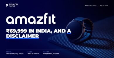 Amazfit brand audit by FashionAudit: Amazfit logo over a round fitness smartwatch with a dark screen on a yoga mat
