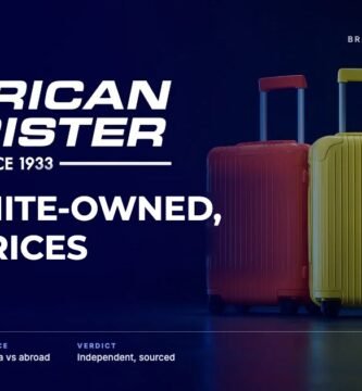 American Tourister brand audit by FashionAudit: American Tourister logo and the headline “Samsonite-Owned, India Prices” over two bright-coloured polycarbonate cabin suitcases with telescopic handles extended