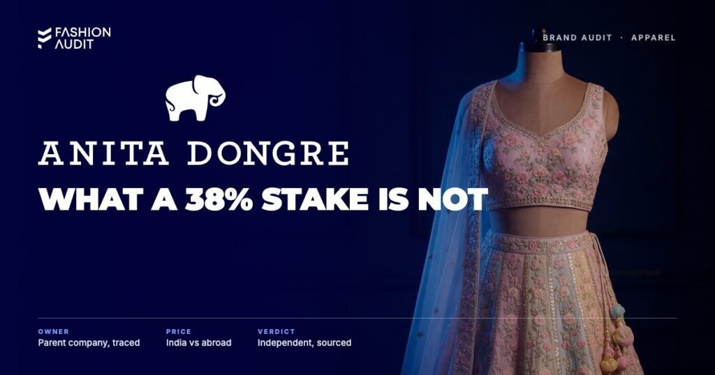 Anita Dongre brand audit by FashionAudit: Anita Dongre logo over an embroidered pastel lehenga on a dress form