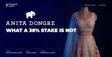 Anita Dongre brand audit by FashionAudit: Anita Dongre logo over an embroidered pastel lehenga on a dress form