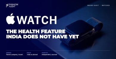 Apple Watch brand audit by FashionAudit: Apple Watch logo over a sleek square-cased smartwatch with a woven sport band