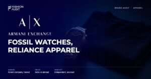 Armani Exchange brand audit by FashionAudit: Armani Exchange logo and the headline “Fossil Watches, Reliance Apparel” over a men's chronograph wristwatch with a black dial and steel bracelet