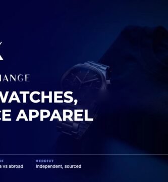 Armani Exchange brand audit by FashionAudit: Armani Exchange logo and the headline “Fossil Watches, Reliance Apparel” over a men's chronograph wristwatch with a black dial and steel bracelet