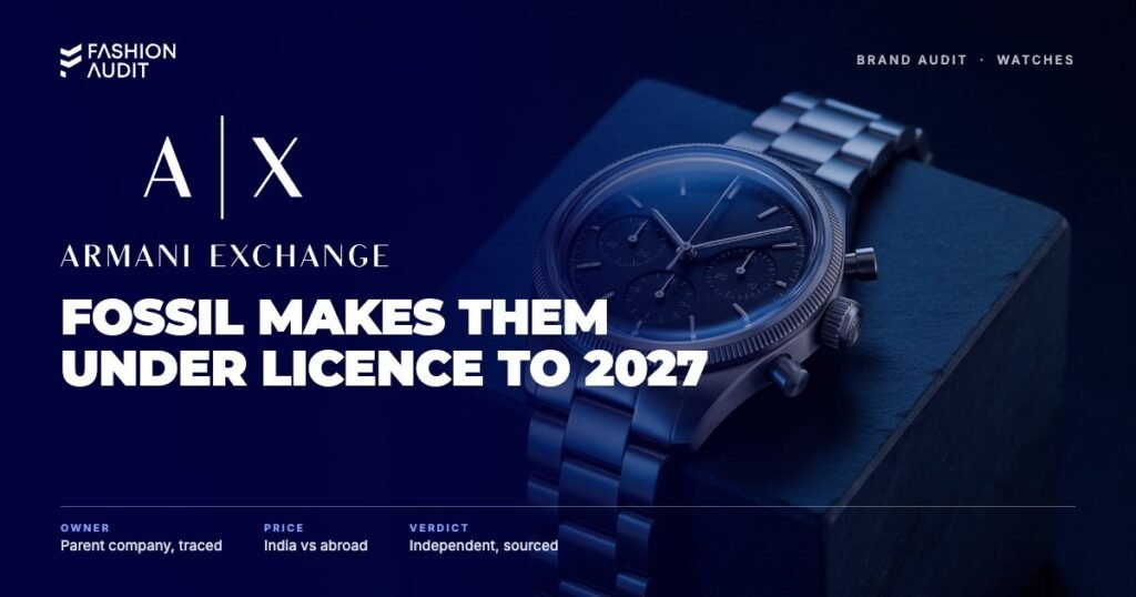 Armani Exchange Watches brand audit by FashionAudit: Armani Exchange Watches logo over a steel chronograph watch on dark slate