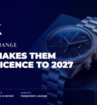 Armani Exchange Watches brand audit by FashionAudit: Armani Exchange Watches logo over a steel chronograph watch on dark slate