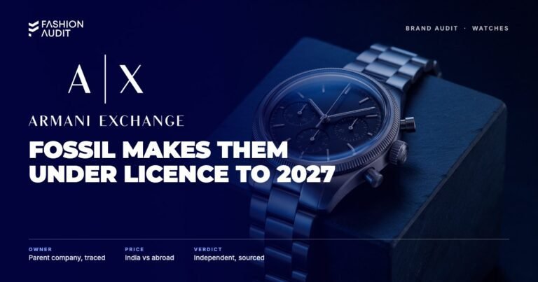 Armani Exchange Watches brand audit by FashionAudit: Armani Exchange Watches logo over a steel chronograph watch on dark slate