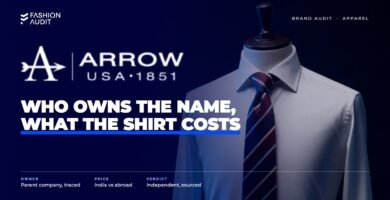 Arrow brand audit by FashionAudit: Arrow logo over a crisp formal white shirt and a striped tie on a tailor's dummy