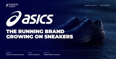 Asics brand audit by FashionAudit: Asics logo over a pair of cushioned running shoes on a wet morning running track