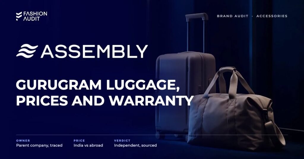 Assembly brand audit by FashionAudit: Assembly logo and the headline “Gurugram Luggage, Prices and Warranty” over a hard-shell cabin suitcase and duffel in muted tones in a hotel corridor