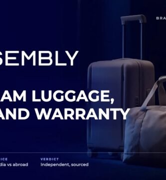 Assembly brand audit by FashionAudit: Assembly logo and the headline “Gurugram Luggage, Prices and Warranty” over a hard-shell cabin suitcase and duffel in muted tones in a hotel corridor