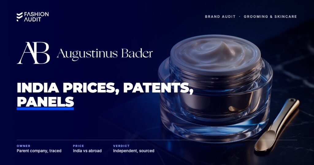 Augustinus Bader brand audit by FashionAudit: Augustinus Bader logo over a luxury face cream jar on marble