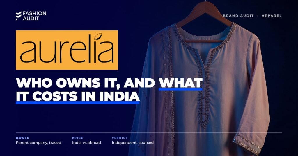 Aurelia brand audit by FashionAudit: Aurelia logo over an elegant pastel kurta set with gota detailing on a wooden hanger