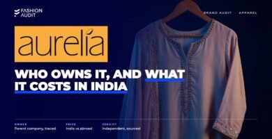 Aurelia brand audit by FashionAudit: Aurelia logo over an elegant pastel kurta set with gota detailing on a wooden hanger