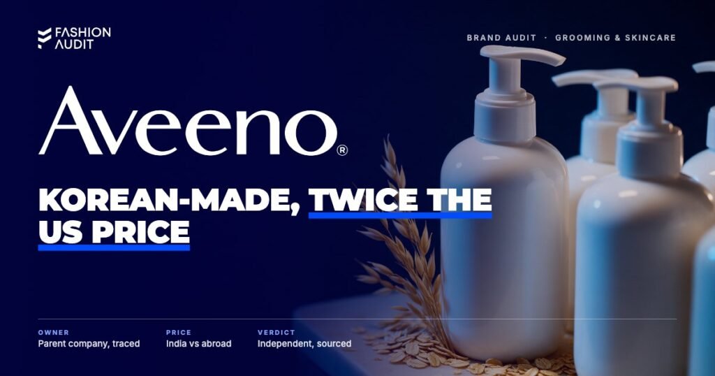 Aveeno brand audit by FashionAudit: Aveeno logo over white pump bottles of body lotion