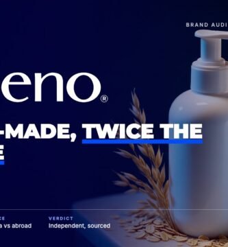 Aveeno brand audit by FashionAudit: Aveeno logo over white pump bottles of body lotion