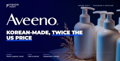 Aveeno brand audit by FashionAudit: Aveeno logo over white pump bottles of body lotion