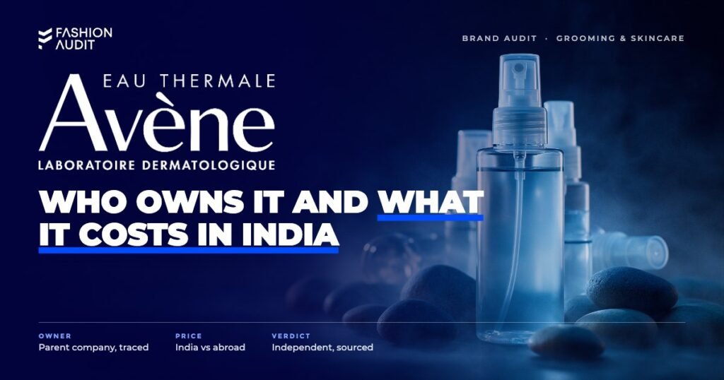 Avene brand audit by FashionAudit: Avene logo over thermal spring water spray bottles with water mist and smooth river pebbles
