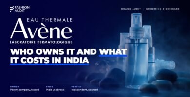 Avene brand audit by FashionAudit: Avene logo over thermal spring water spray bottles with water mist and smooth river pebbles