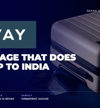 Away brand audit by FashionAudit: Away logo over a matte carry-on suitcase with a passport
