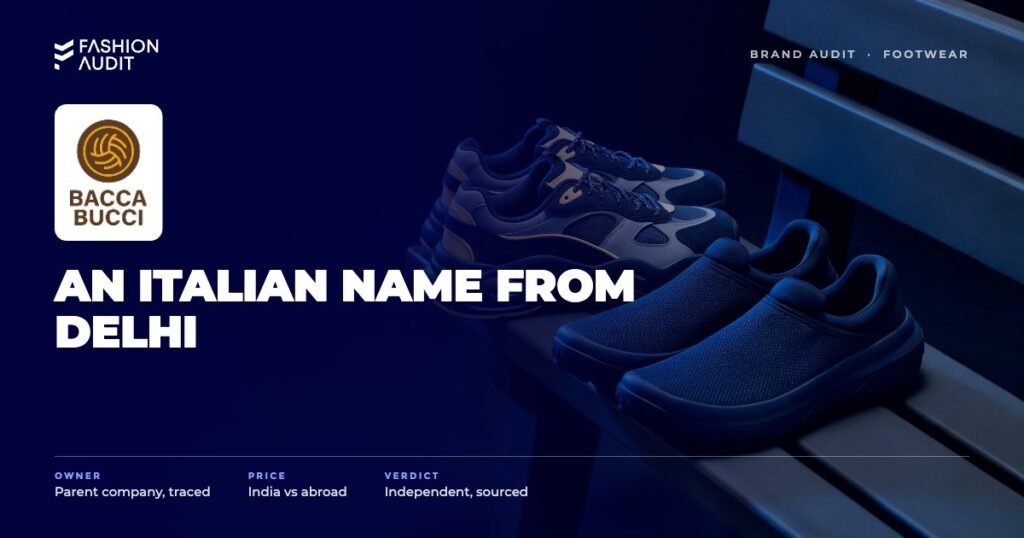 Bacca Bucci brand audit by FashionAudit: Bacca Bucci logo over a pair of trendy chunky sneakers and slip-ons on a skate bench