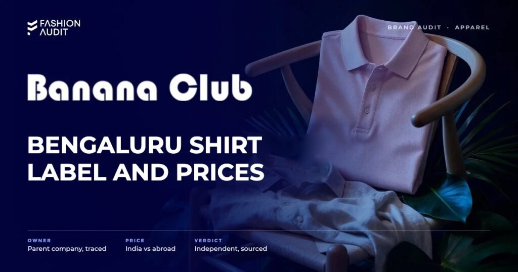 Banana Club brand audit by FashionAudit: Banana Club logo and the headline “Bengaluru Shirt Label and Prices” over a pastel men's polo shirt and a linen shirt on a café chair with tropical leaves