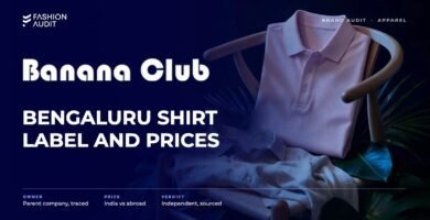 Banana Club brand audit by FashionAudit: Banana Club logo and the headline “Bengaluru Shirt Label and Prices” over a pastel men's polo shirt and a linen shirt on a café chair with tropical leaves