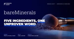 Bare Minerals brand audit by FashionAudit: Bare Minerals logo over loose mineral foundation powder with a kabuki brush on stone