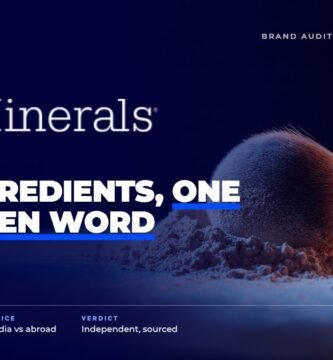 Bare Minerals brand audit by FashionAudit: Bare Minerals logo over loose mineral foundation powder with a kabuki brush on stone