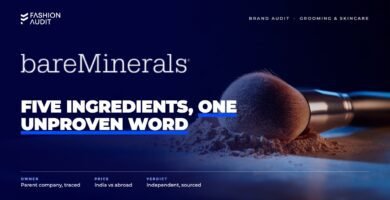 Bare Minerals brand audit by FashionAudit: Bare Minerals logo over loose mineral foundation powder with a kabuki brush on stone