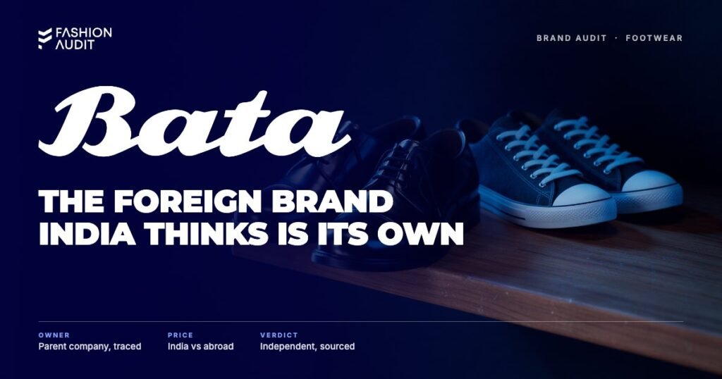 Bata brand audit by FashionAudit: Bata logo over a pair of polished black school-style leather shoes and canvas sneakers