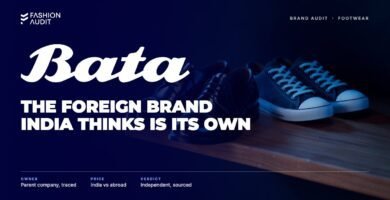 Bata brand audit by FashionAudit: Bata logo over a pair of polished black school-style leather shoes and canvas sneakers