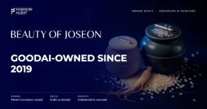 Beauty of Joseon brand audit by FashionAudit: Beauty of Joseon logo and the headline “Goodai-Owned Since 2019” over hanbok-inspired Korean skincare jars with rice grains and ginseng