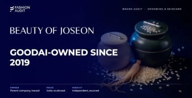 Beauty of Joseon brand audit by FashionAudit: Beauty of Joseon logo and the headline “Goodai-Owned Since 2019” over hanbok-inspired Korean skincare jars with rice grains and ginseng