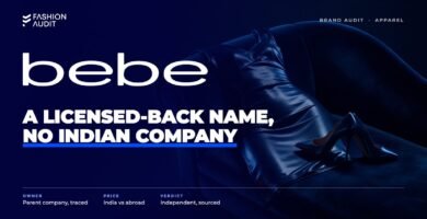 bebe brand audit by FashionAudit: bebe logo over a glamorous bodycon dress and stiletto heels on a velvet chaise