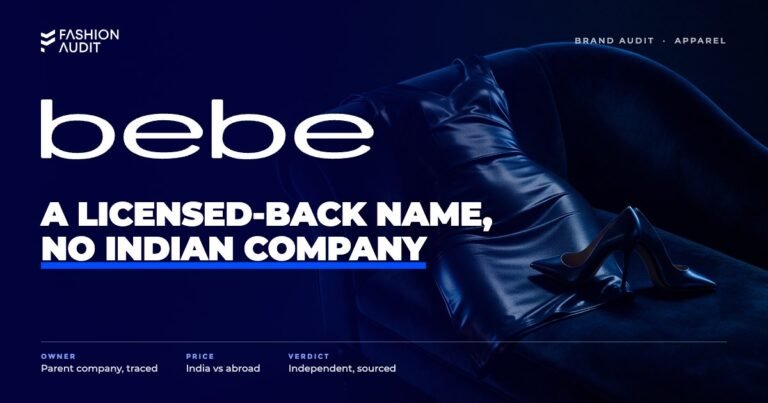 bebe brand audit by FashionAudit: bebe logo over a glamorous bodycon dress and stiletto heels on a velvet chaise