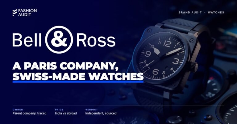 Bell & Ross brand audit by FashionAudit: Bell & Ross logo over a square-cased aviation-style pilot watch with a matte black dial and luminous hands