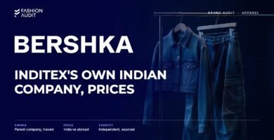 Bershka brand audit by FashionAudit: Bershka logo and the headline “Inditex's Own Indian Company, Prices” over a cropped denim jacket and baggy cargo trousers