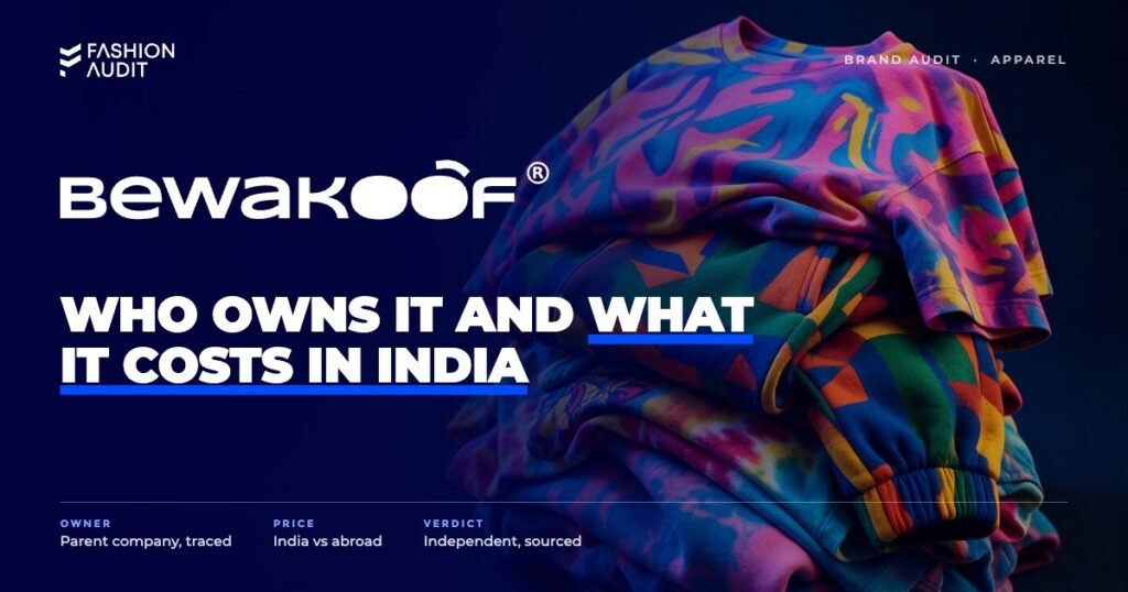 Bewakoof brand audit by FashionAudit: Bewakoof logo over colourful oversized printed t-shirts and joggers in a fun youthful stack