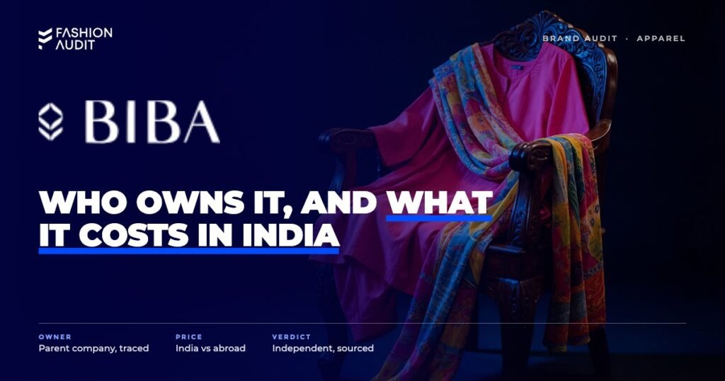 Biba brand audit by FashionAudit: Biba logo over a vibrant cotton salwar suit with a printed dupatta on a carved chair
