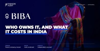 Biba brand audit by FashionAudit: Biba logo over a vibrant cotton salwar suit with a printed dupatta on a carved chair